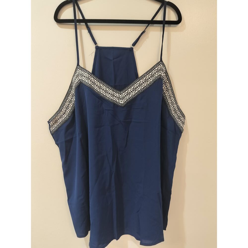Dreamkue Plus 4X Navy Blue Cami Tank Embroidered Trim Spaghetti Strap